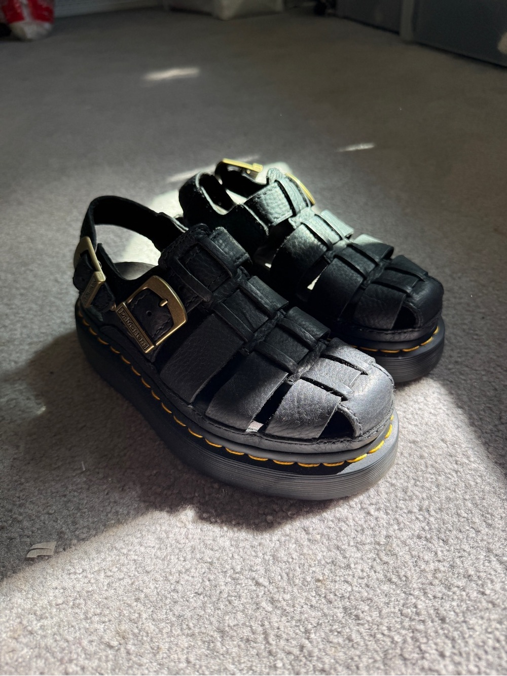 Dr. Martens Black Leather Fisherman Sandals with Yellow Stitching
